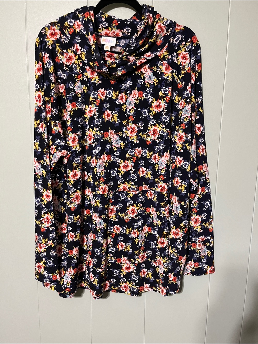 LuLaRoe Navy Floral Cowl Neck Long Sleeve Top with Pink & Yellow Blooms